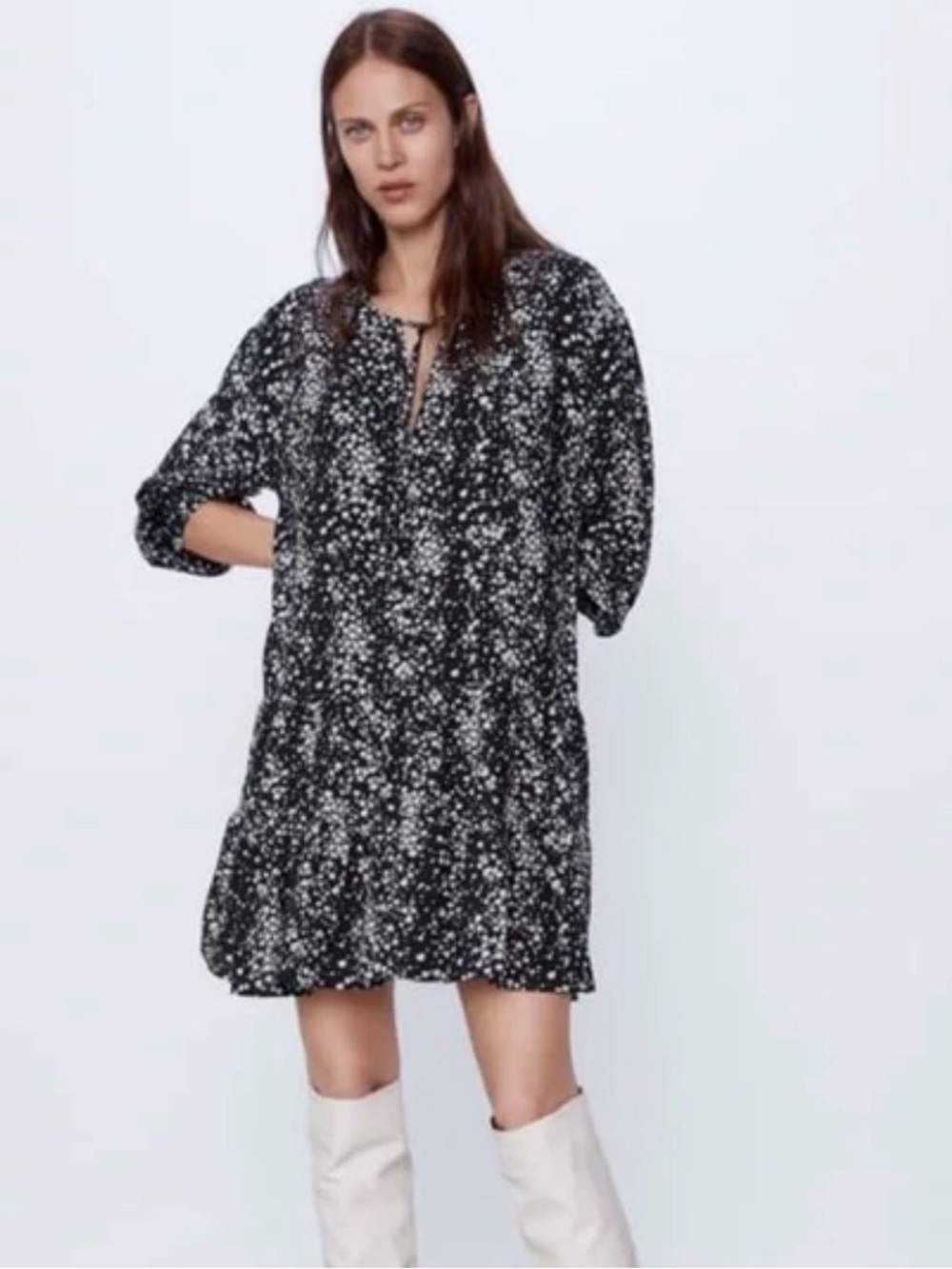ZARA Black & White Floral A Line Flowy Midi Dress Size Large EUC